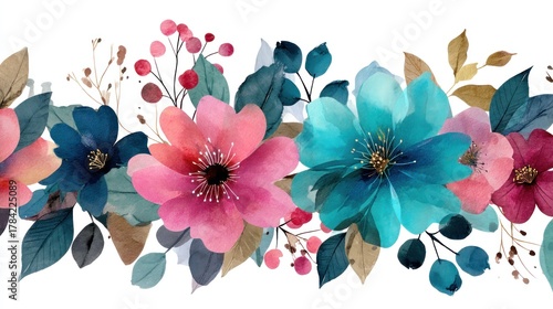 A watercolor painting of a vibrant floral border with blue, pink, and teal flowers, surrounded by green leaves and berries, set against a white background.