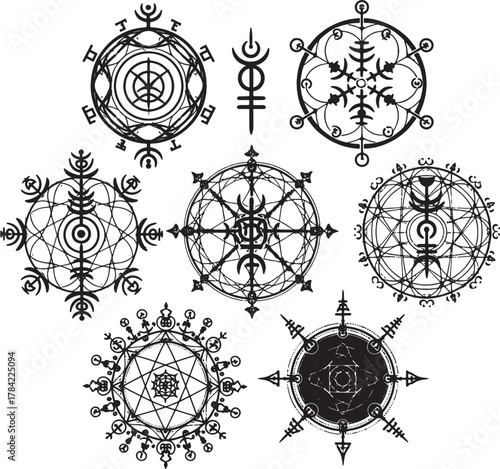 Mystical Symbols: A collection of intricately crafted, black and white circular symbols, imbued with an enigmatic aura. Representing concepts of arcane knowledge and ancient power.