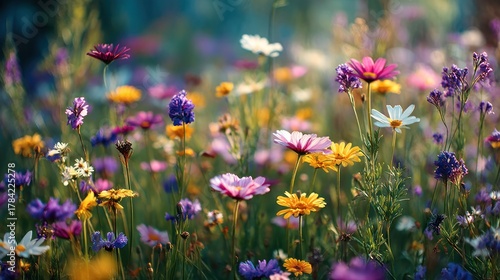 Fototapeta Naklejka Na Ścianę i Meble -  A vibrant meadow filled with a variety of colorful wildflowers, including daisies, marigolds, and other flowers, under a soft, atural setting.