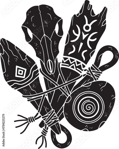 Primitive Artifacts: A captivating illustration of ancient tools, showcasing the craftsmanship and ingenuity of a bygone era. The artful arrangement of wooden artifacts tells a story of survival.