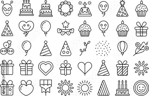 Celebration icons, party hats, balloons, cakes, cupcakes, gifts, hearts, stars, ribbons, garlands, confetti, festive vector silhouette collection