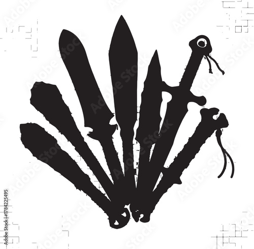 Ancient Arsenal: Silhouetted against a textured backdrop, a collection of meticulously crafted swords evokes a sense of history and might, embodying the artistry of bygone eras.