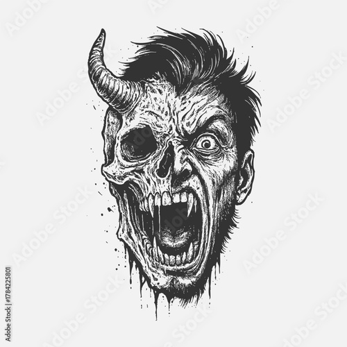 Schilderij op canvas Dark Art Half Human Demon Skull Scream Illustration