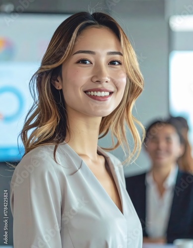 Smiling Asian Businesswoman in a Modern Office Setting.