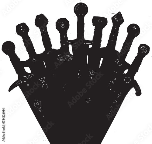 Array of Swords in Silhouette: A captivating silhouette showcases an arrangement of swords, each unique in design, arranged in a display.