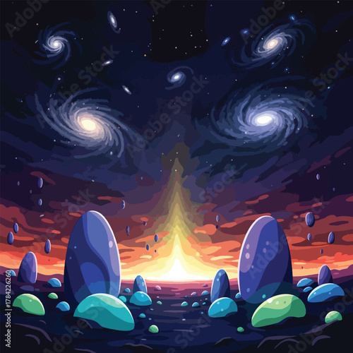 Cosmic landscape with galaxies, stones, and a bright light source.