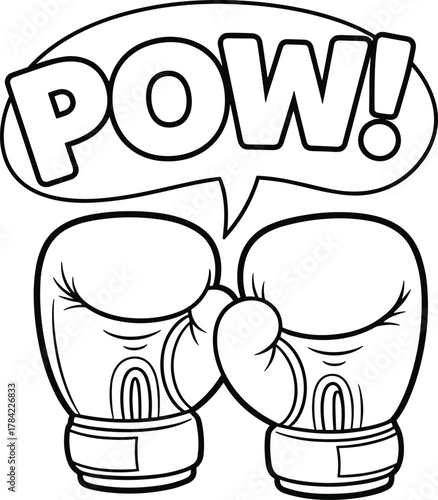 Boxing gloves bumping, comic style punch, POW speech bubble, black and white illustration, action impact, cartoon drawing, sport, energy