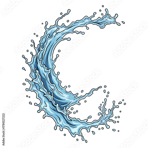 Dynamic blue water splash or wave burst illustration with drops and foam