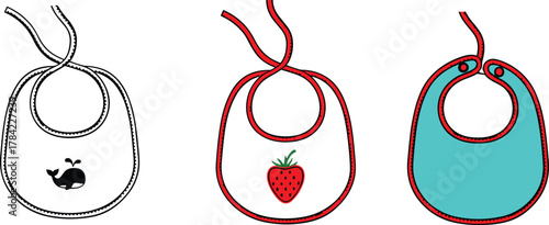 Baby bibs vector set, cute infant accessories, whale strawberry snap design, colorful baby wear illustration, newborn essentials, playful nursery items for stock content