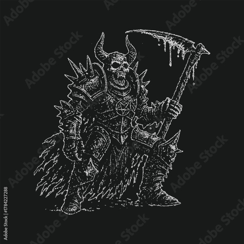 Gothic dark art armored skeleton knight holding weapon illustration