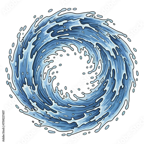 Dynamic blue water splash or wave burst illustration with drops and foam