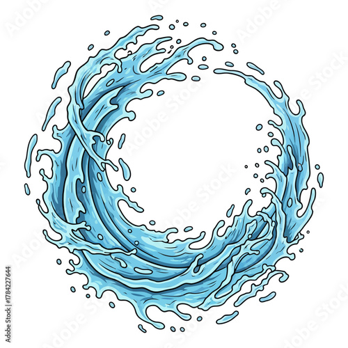 Dynamic blue water splash or wave burst illustration with drops and foam