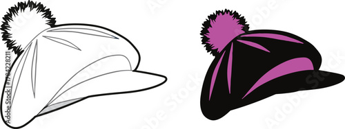 Beret pom-pom hat vector set, stylish winter headwear design, black and white fashion accessory, cozy seasonal outfit illustration for stock content