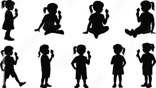 Children eating ice cream silhouette vector set, seated and standing poses, joyful summer treat illustration for stock content,