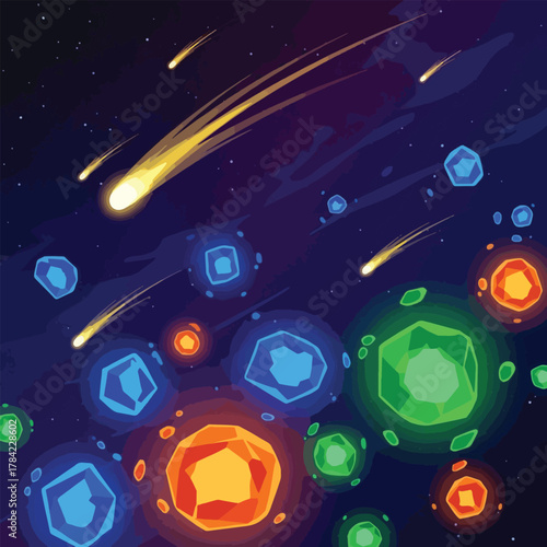 A vibrant cosmic illustration of colorful glowing asteroids and meteors in deep space.