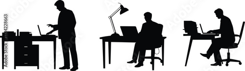 Office desk silhouette vector set, standing and seated work scenes with laptop and files, professional workplace illustration for stock content and career themes