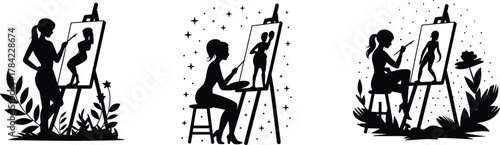 Painter silhouette vector set, standing and seated artists at easels, creative scene with plants, stars, and flowers for stock content and art themes
