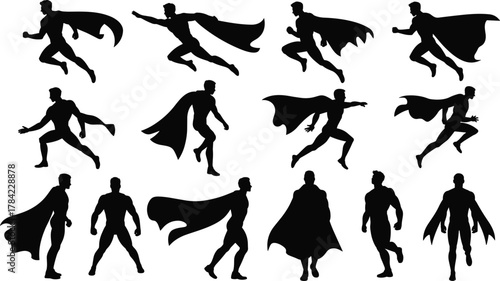 Superhero silhouette vector set, dynamic poses with cape in flight, action, and power stances for stock content, comic, fantasy,