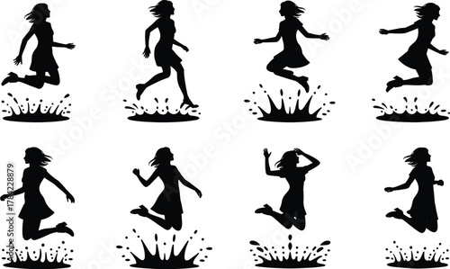 Running and jumping through puddles silhouette vector set, energetic motion sequence with splashes, dynamic activity illustration for stock content, movement and rainy themes