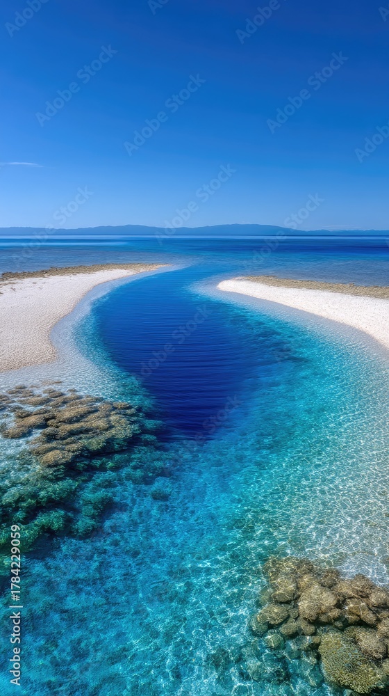 Obraz premium Aerial view of a heart-shaped tropical lagoon with crystal clear turquoise waters and vibrant coral reefs under a bright blue sky