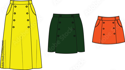 Skirt fashion vector set, long medium short length styles, double button front design, side pockets, colorful women’s clothing illustration for stock content