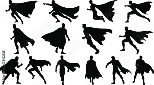 Superhero silhouette vector set, dynamic poses with cape in flight, action, and power stances for stock content, comic, fantasy, and hero themes