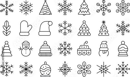 Christmas winter silhouette icons, snowflakes, trees, ornaments, mittens, hats, snowman, festive decorations, holiday symbols, seasonal design set
