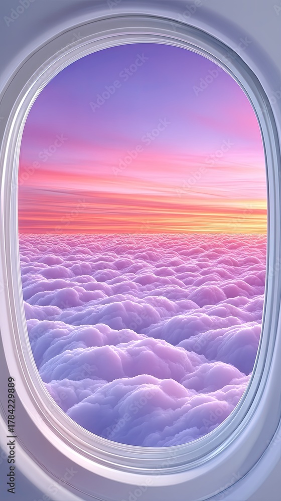 Obraz premium View Of Fluffy White Clouds Below An Airplane Window During A Vibrant Pink And Purple Sunset Sky