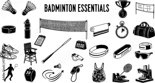 Hand-Drawn Doodle Set of Badminton Essentials: Equipment, Gear, and Accessories including Rackets, Shuttlecocks, Net, Shoes, Water Bottle, Trophy, and Player Silhouette. Vector Illustration.