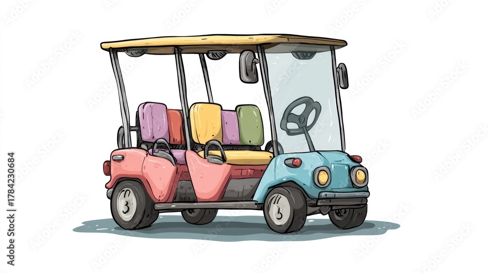 Obraz premium A colorful cartoon golf cart with pink and blue seats, driving down a road with a white background.