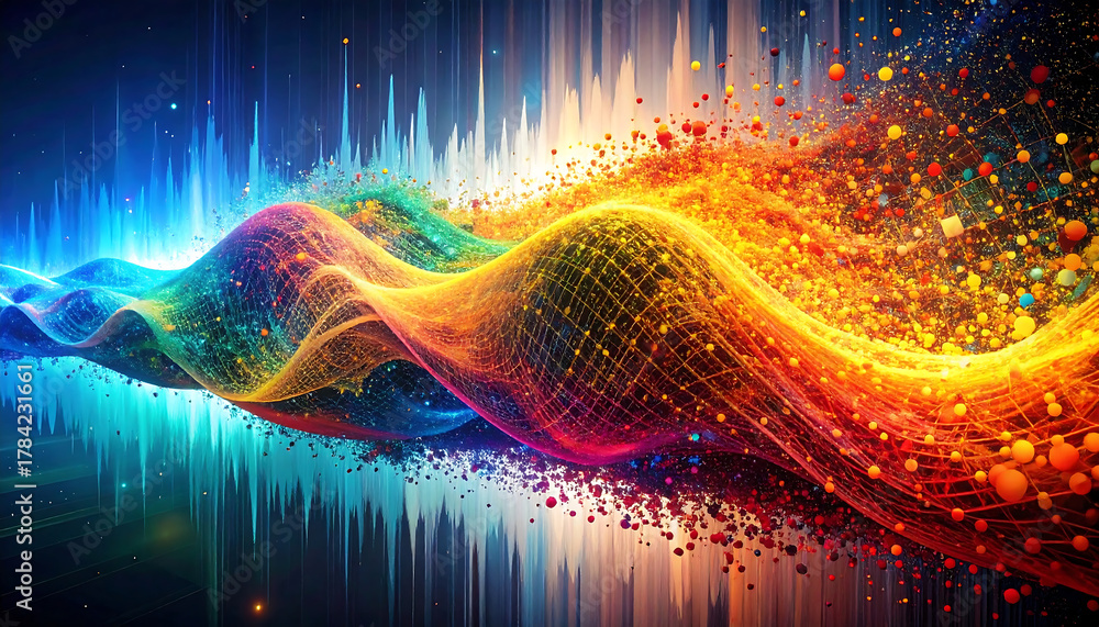 Naklejka premium Abstract Technology Colorful Firefly Particle Mesh, Distorted Light, Multicolor Texture Background for Creative Designs