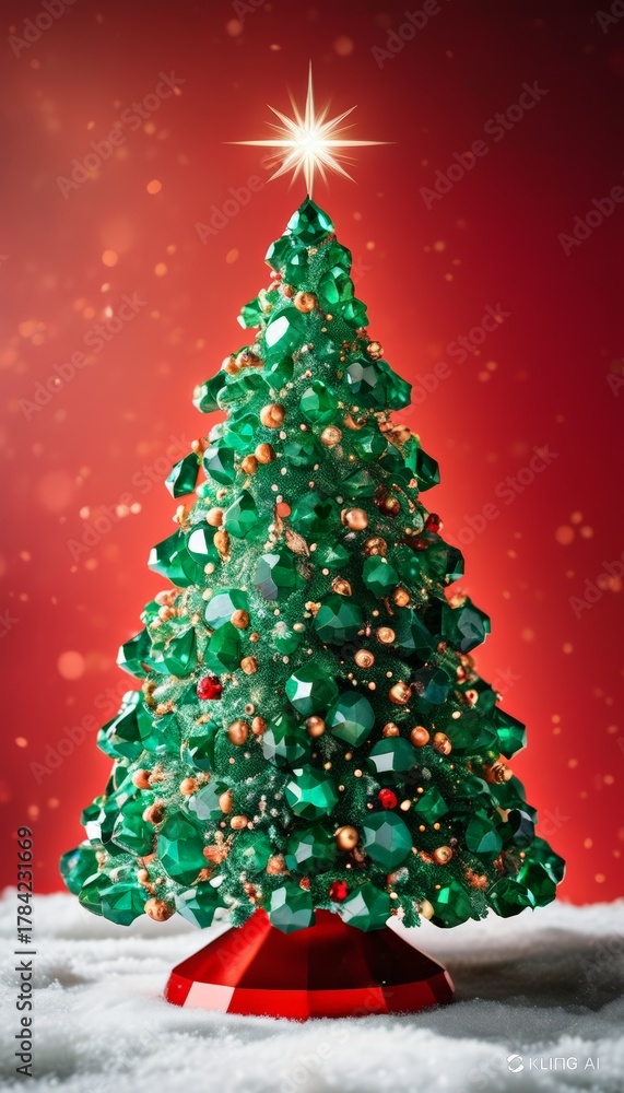 Fototapeta premium Luxury Emerald Gemstone Christmas Tree with Gold Star and Ornaments_15