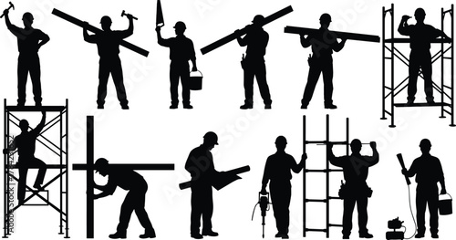 Construction worker silhouettes, industrial labor icons, hammer, saw, drill, toolbox, scaffolding, teamwork, beam carrying, occupational safety, vector art
