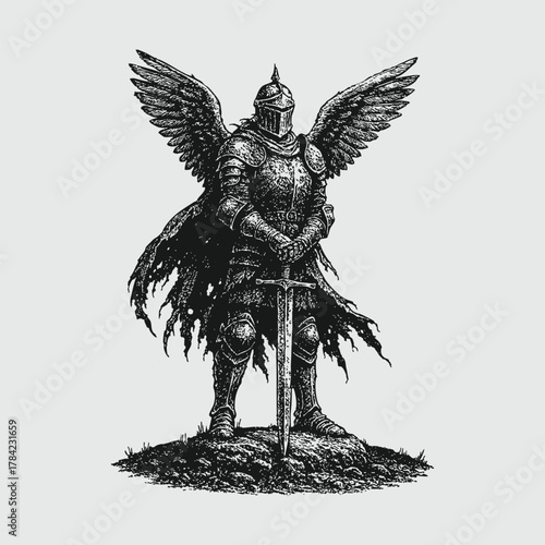 Fallen Winged Knight, Vintage Dark Fantasy Warrior Holding Sword