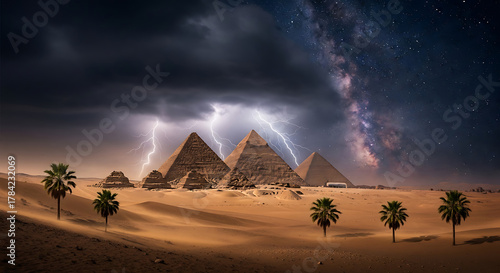 Desert dunes cradle pyramids beneath stormy, starry skies with lightning and wind, palm trees. dusk