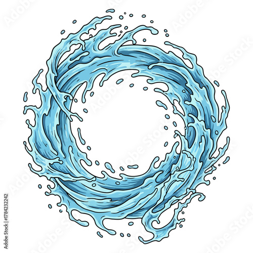 Dynamic blue water splash or wave burst illustration with drops and foam