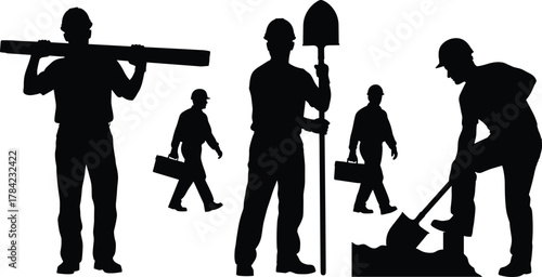 Construction worker silhouettes, industrial labor icons, shovel, toolbox, beam carrying, hard hat safety, teamwork, occupational workforce, building site, vector art