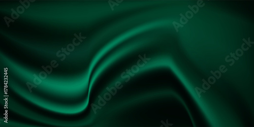 Green drapery silk fabric luxury background. Wavy abstract satin cloth vector texture pattern.