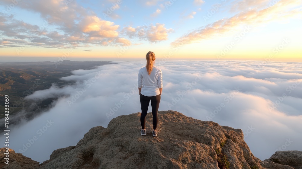 Obraz premium A person stands on a rocky ledge, gazing out over a sea of clouds during a vibrant sunset, embodying tranquility and adventure in nature.