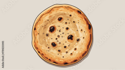 Top-down illustration of a round, cooked flatbread with dark spots, against a pale background.