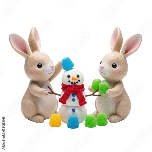 Cute bunnies building a snowman winter holiday fun adorable animals festive scene celebration joy together 100 on transparent background