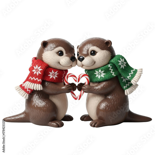 Otter christmas figurines holding candy canes holiday decor winter animals collectible decorations gifts on transparent background