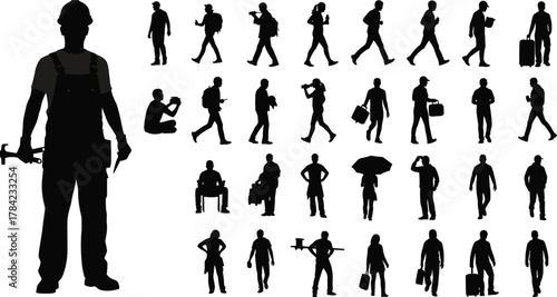 Human silhouette collection, construction worker with tools, people walking, running, talking, luggage, umbrella, diverse poses, vector art design