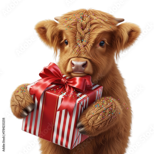 Cute highland cow calf christmas gift present red bow holiday animal festive adorable fluffy bovine pet farm 100 on transparent background