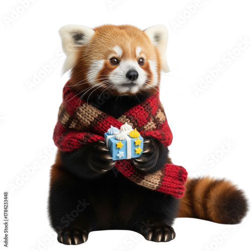 Red panda with scarf holding gift box adorable animal christmas holiday present cute mammal wildlife  100 on transparent background