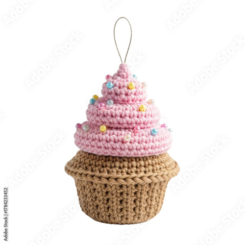 Crochet cupcake ornament pink frosting sprinkles handmade craft decoration christmas tree holiday gift cute toy 100 on transparent background