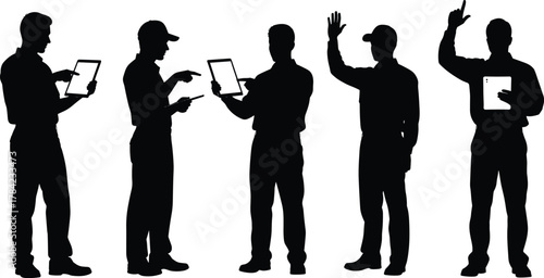 Tablet user silhouettes, digital technology icons, teamwork, collaboration, communication, workplace interaction, education, modern device, vector art design