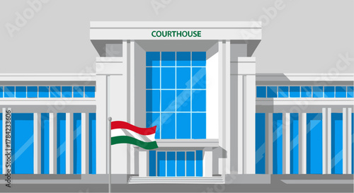 Illustration of a Courthouse with a Flag in Front.
