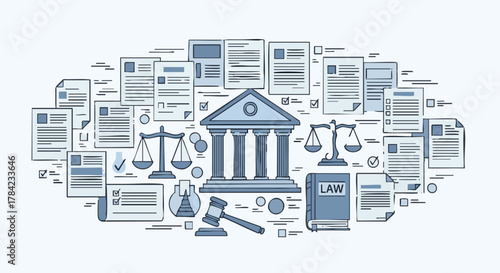 Legal System Illustration - Justice, Law, and Court Documents.