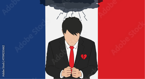 Man in suit with broken heart under storm clouds, feeling sad and depressed.